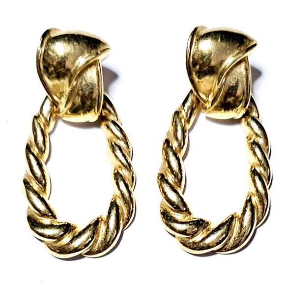 Vintage Dangle Post Earrings Twisted Texture Hoop Gold Tone 1.5" EUC! - Picture 2 of 7